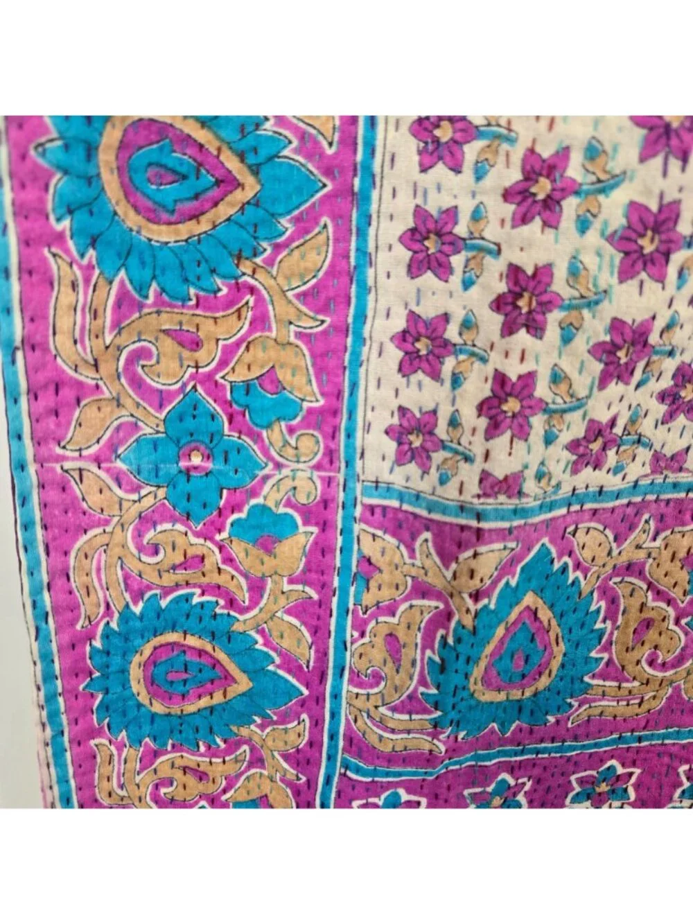Mieko Mintz Purple & White Hand Stitched Floral Kantha Fabric Scarf Shawl Cotton
